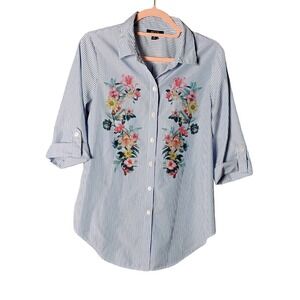 Alyx Blue & White Pinstripe Floral Embroidered Button-Down Blouse‎ Top Size S